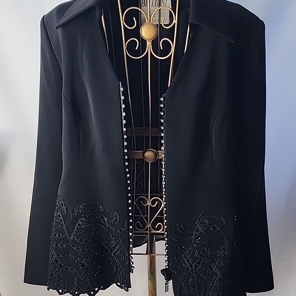 Rhinestone Detail Holiday Blazer Jacket Size 10 Beaded Cutwork Black
